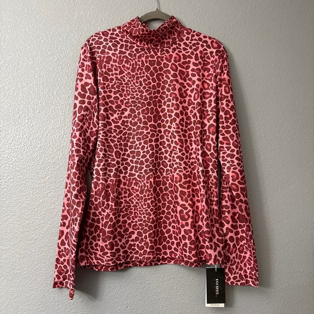 UOOZEE Women's Slim Fit Mock Neck Pink Leopard Print Long Sleeve Top